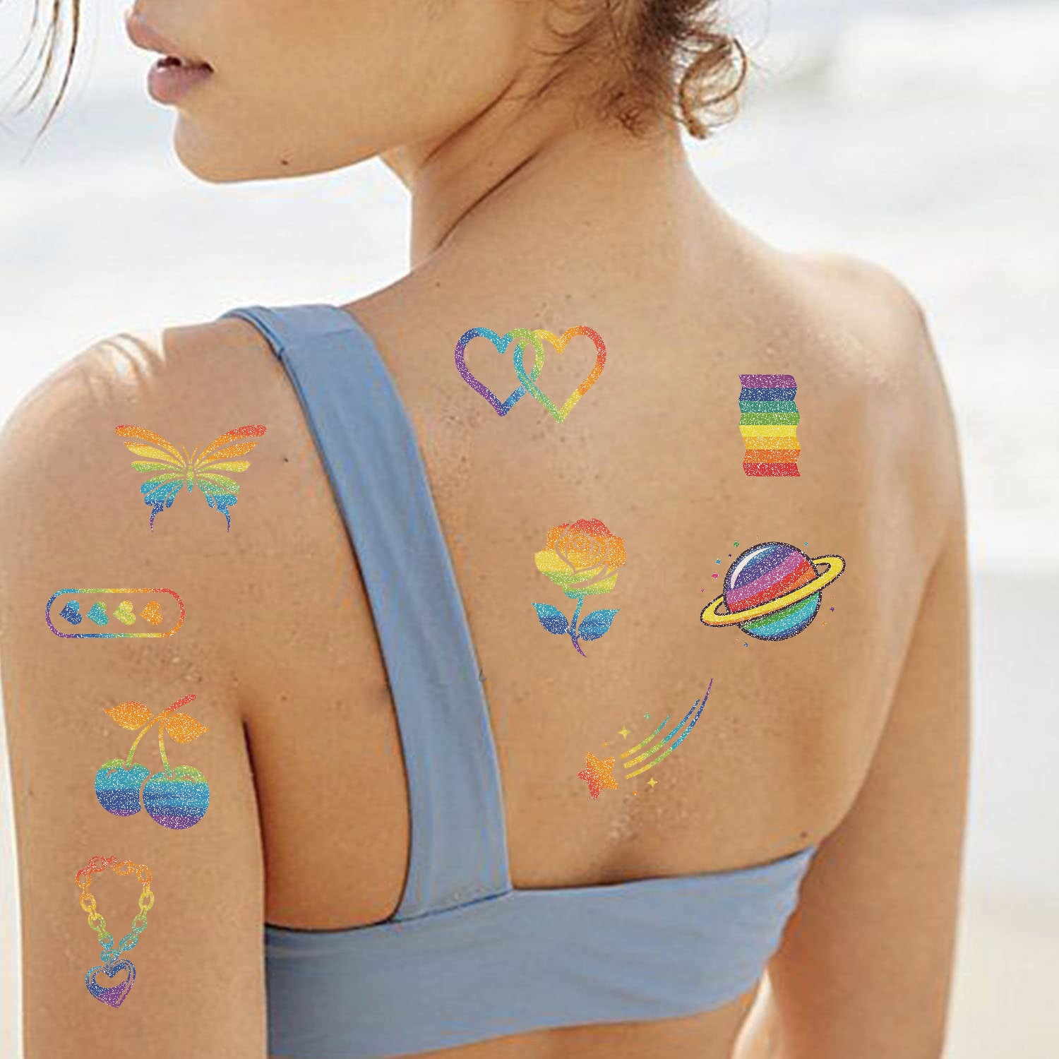 Wholesale 10PCS/PACK New Cartoon Colorful Rainbow Series Glitter Tattoo Stickers Waterproof Party Party Gift Funny Fun Face Stickers